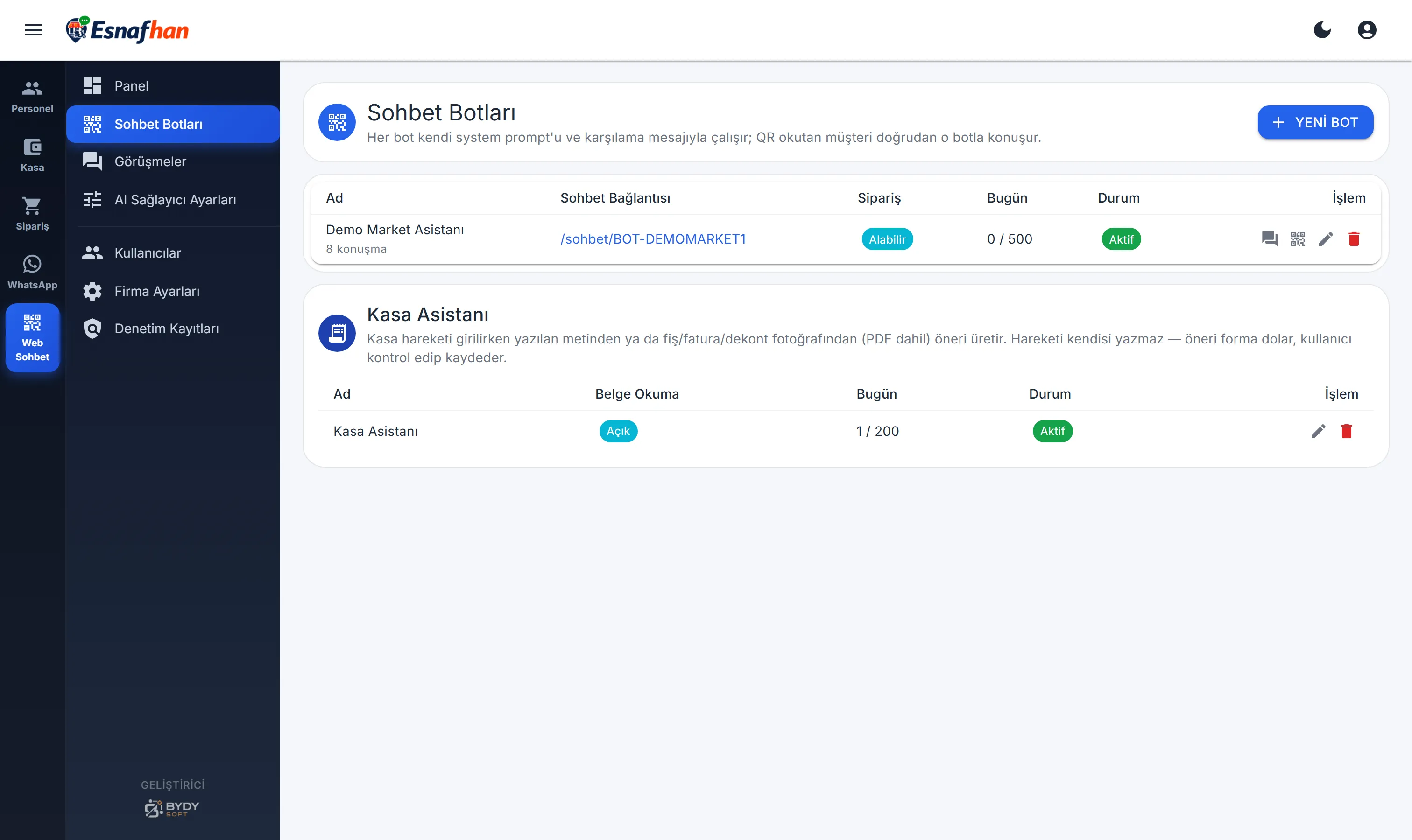 Web Sohbet Botu — panel ekranı