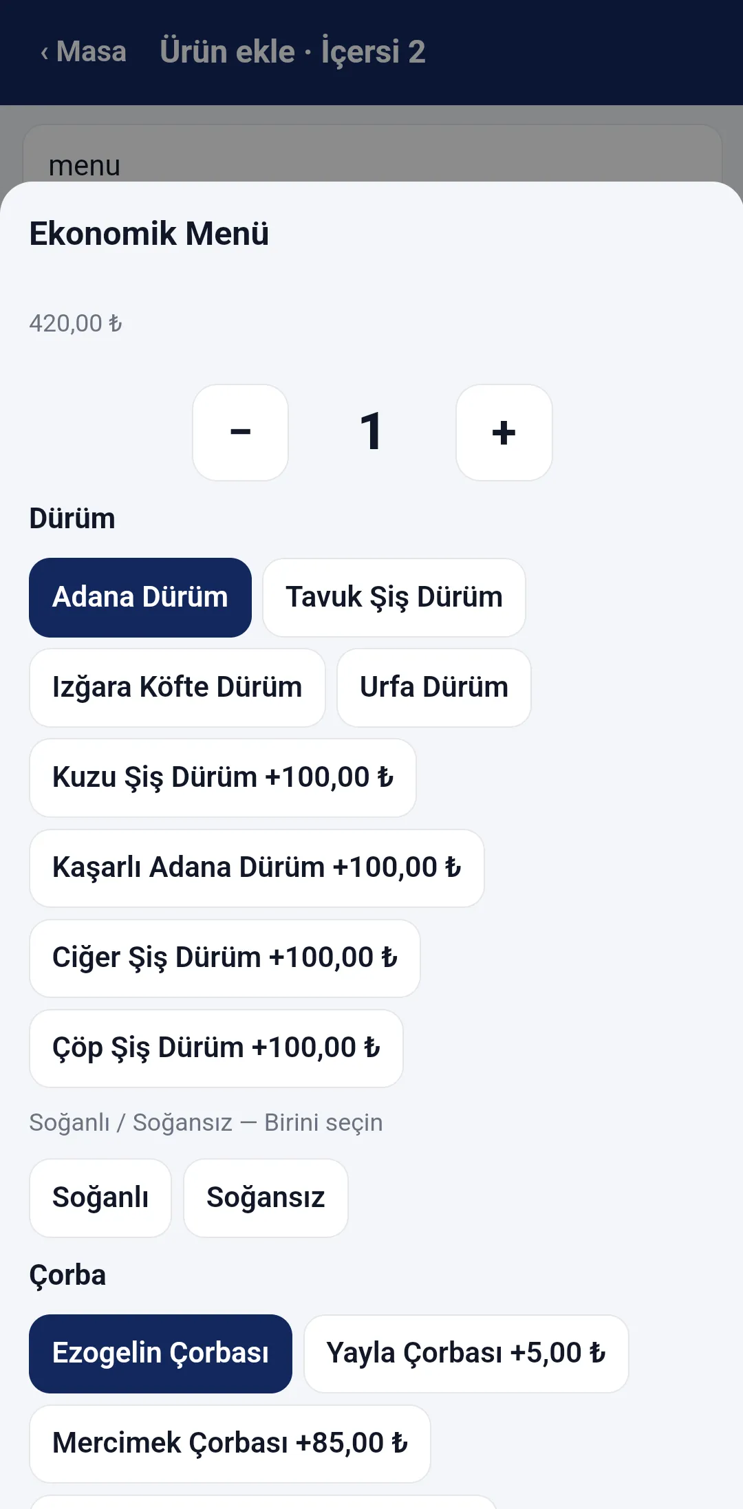 Garson — Set menü seçimi