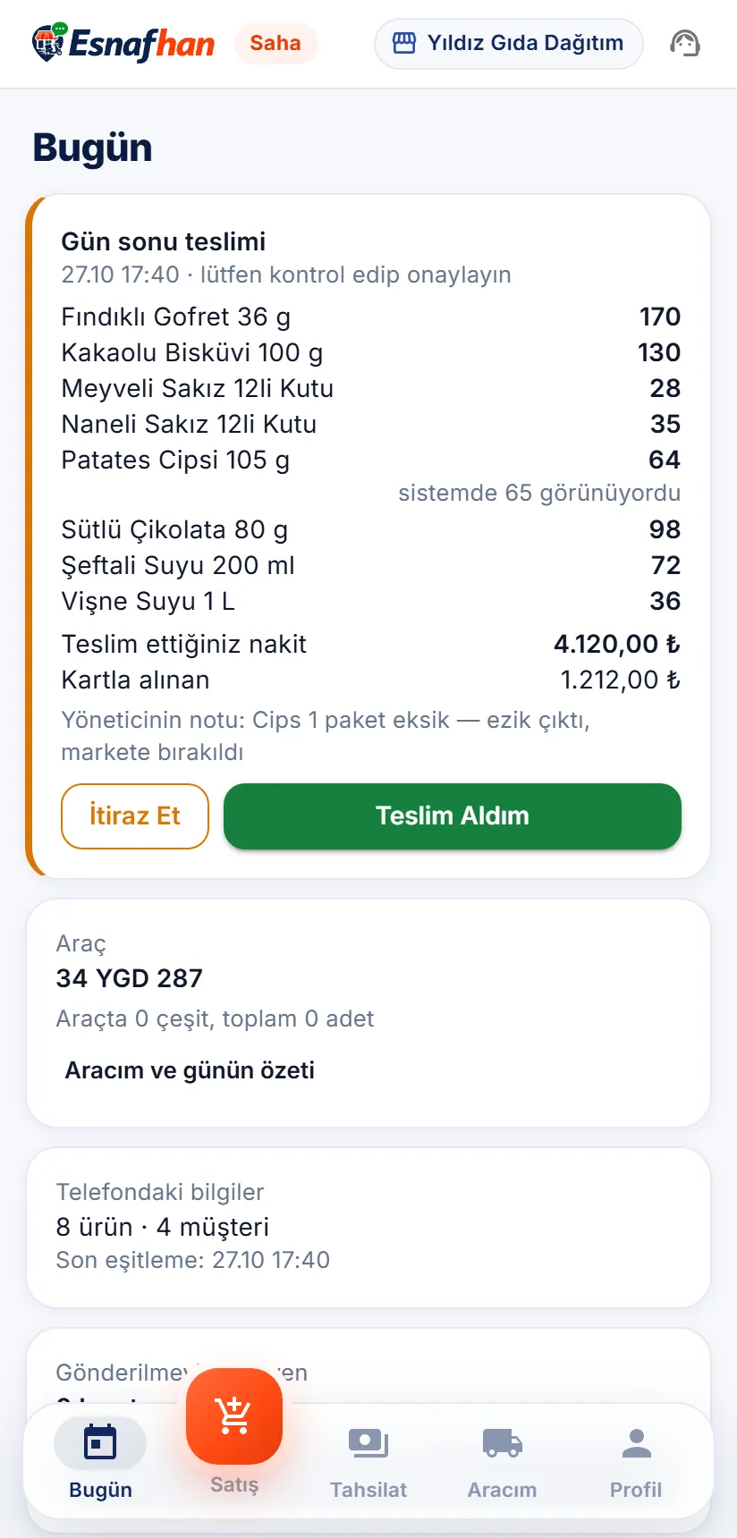 Satış elemanının telefonu — Gün sonu onayı
