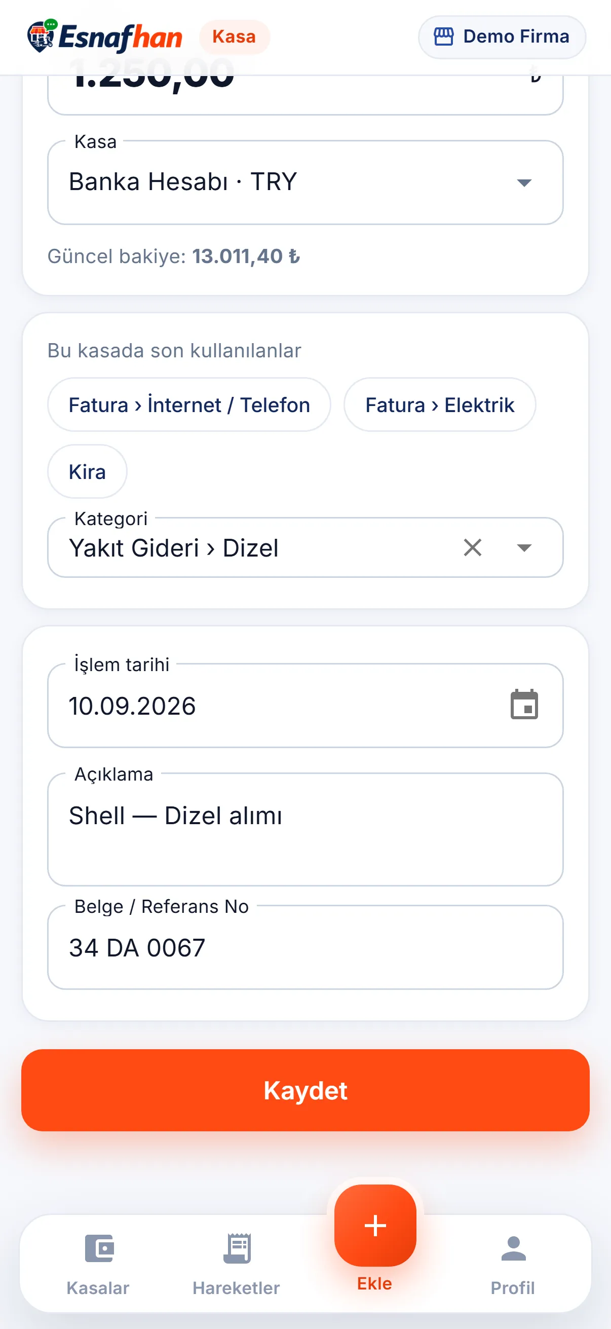 Kategori, tarih ve açıklama da doldu; kaydetmek yine sizin kararınız.