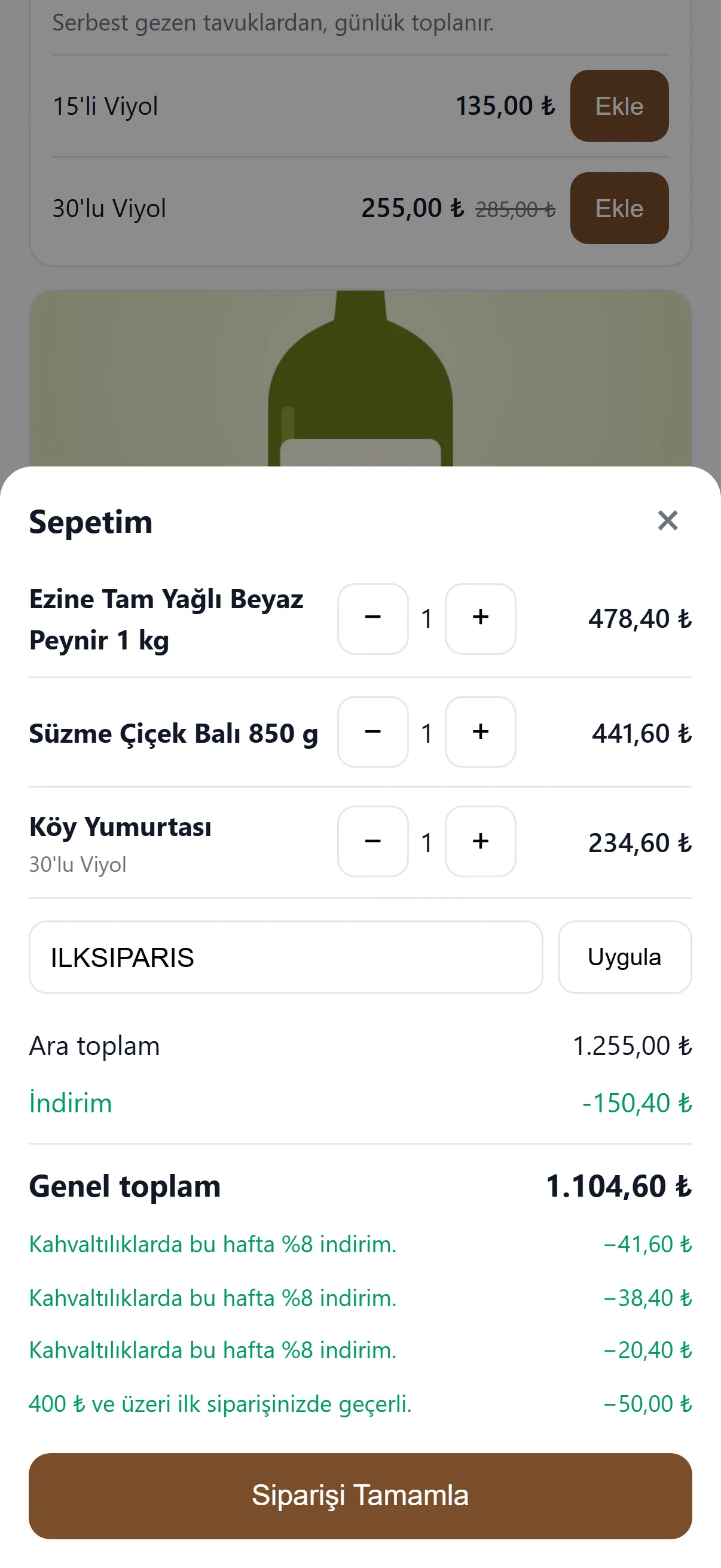 Müşteri bağlantıdan sepetini kurar