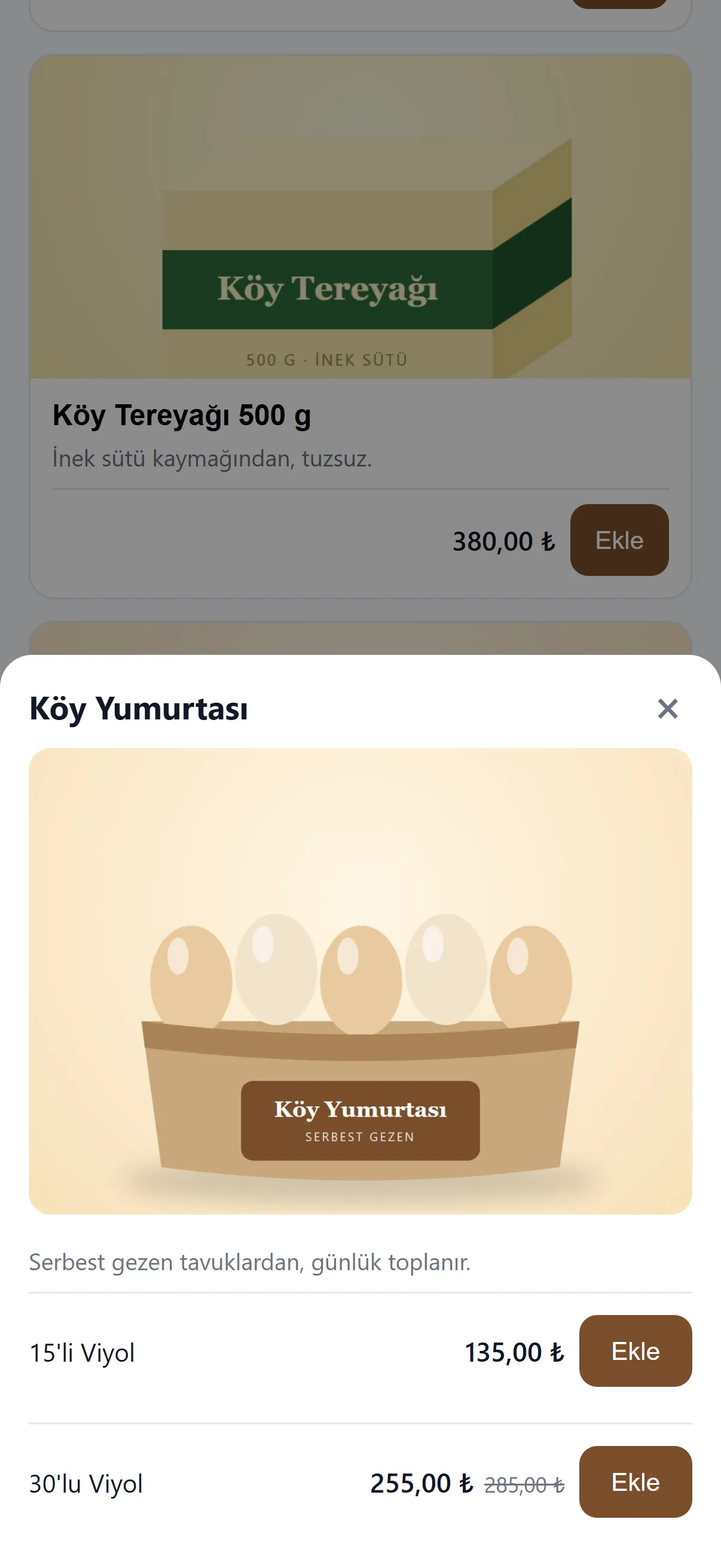 Ürün sayfası: 15'li ve 30'lu viyol, her paket kendi fiyatıyla; stok tek yerde.