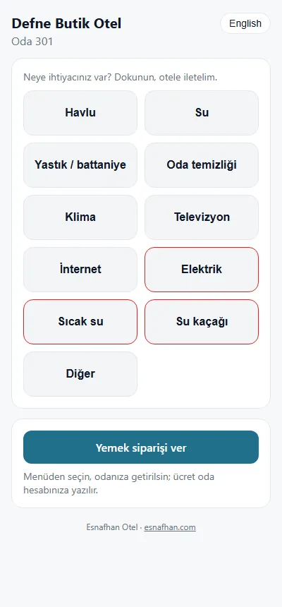 Misafir odadaki karekodu okutur: havlu, klima, temizlik ya da yemek siparişi