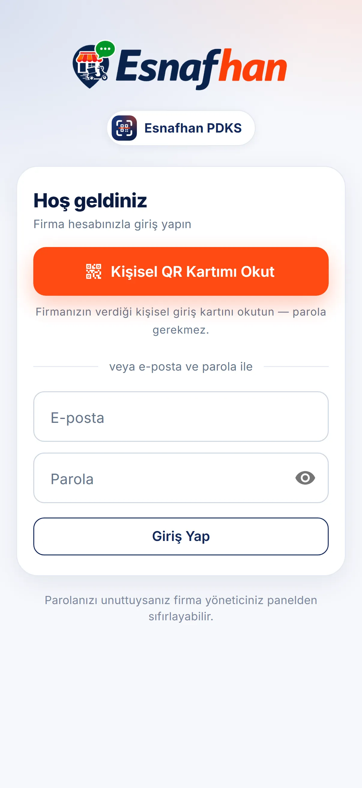 Parolasız giriş: personel kendi QR kartını okutur.