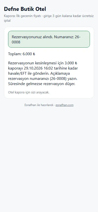 Bir misafirin yolculuğu — Rezervasyon alındı