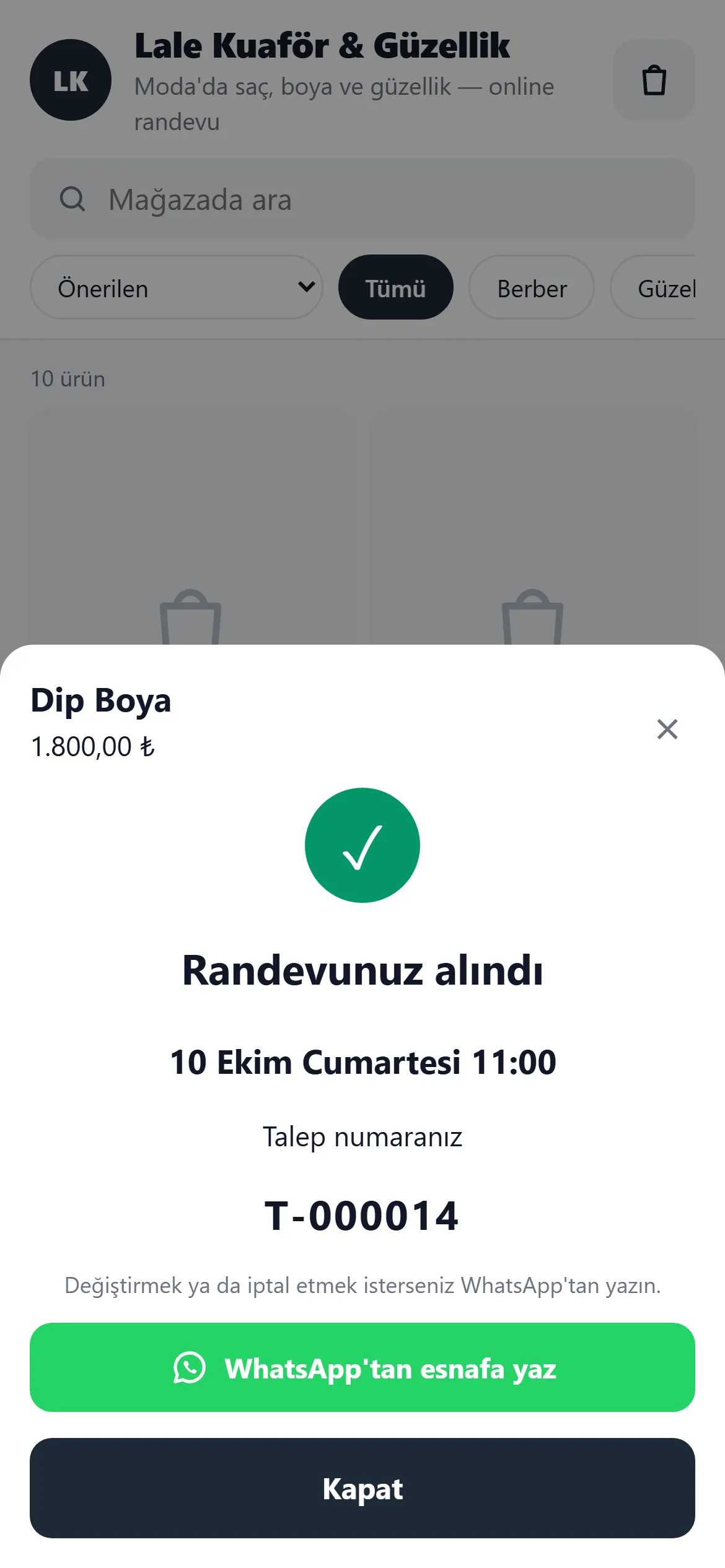 Müşterinin telefonu — Randevu alındı