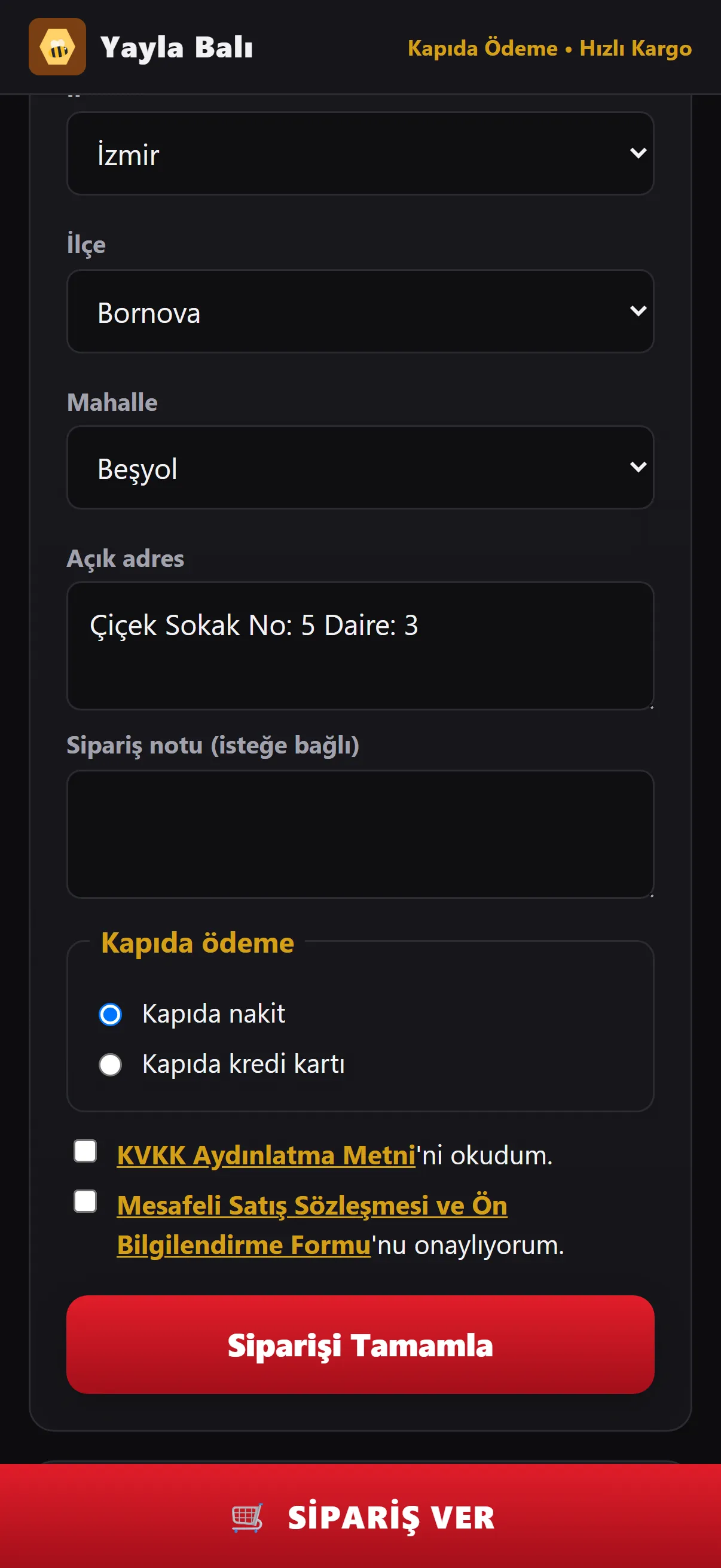 İl, ilçe, mahalle listeden seçilir; ödeme kapıda nakit ya da kartla.