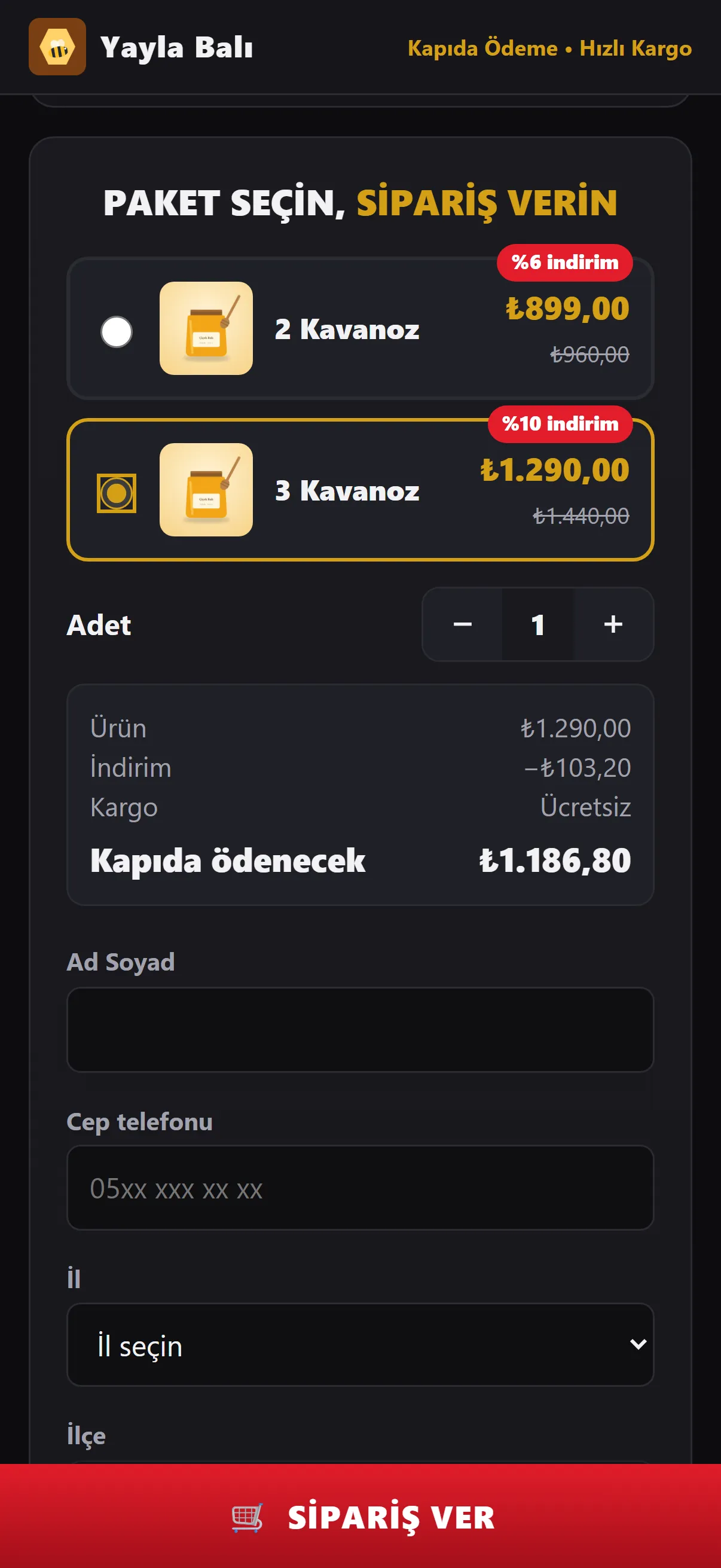 Paket seçilince kargo ve kapıda ödenecek toplam hemen yazar.