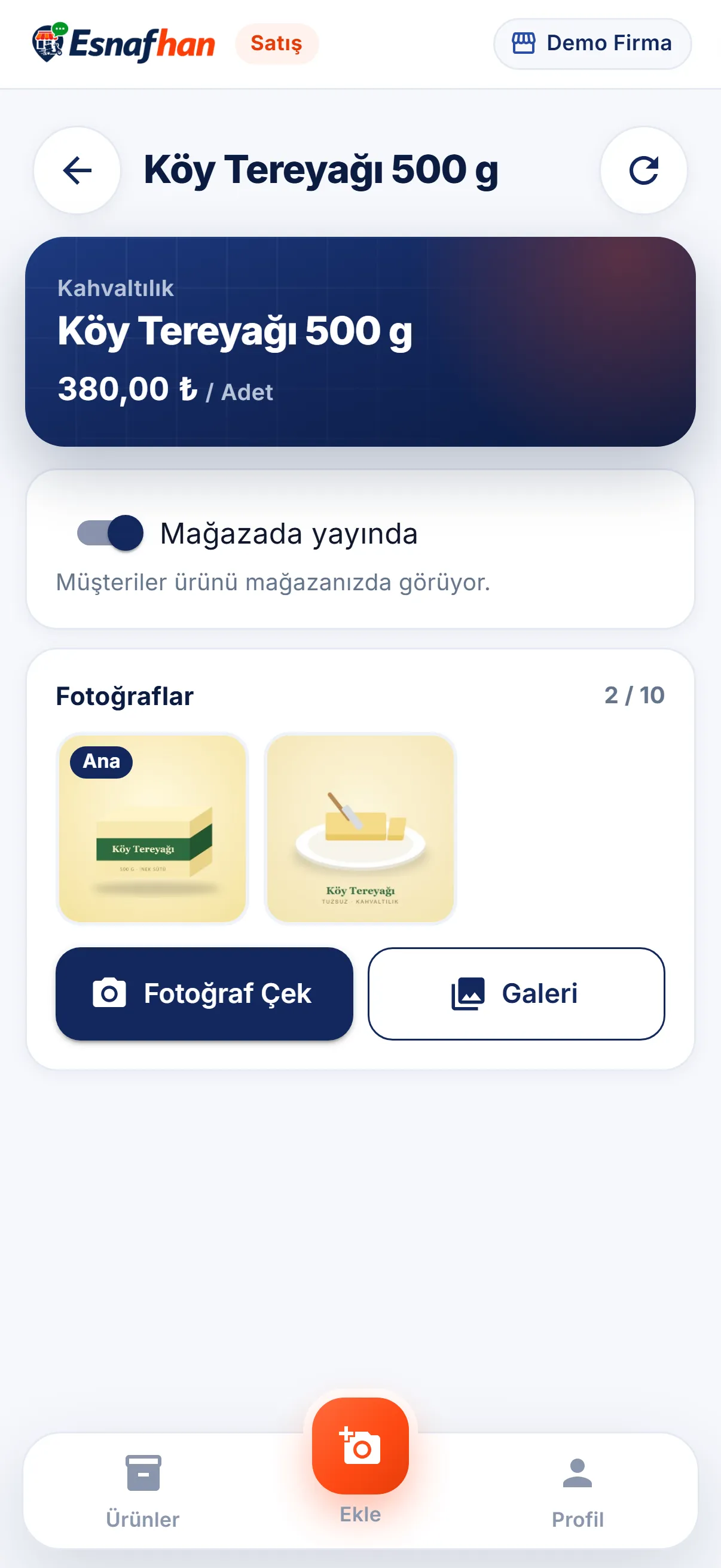 Ürün ekranı: fotoğraf ekle, ana görseli seç, yayına al.