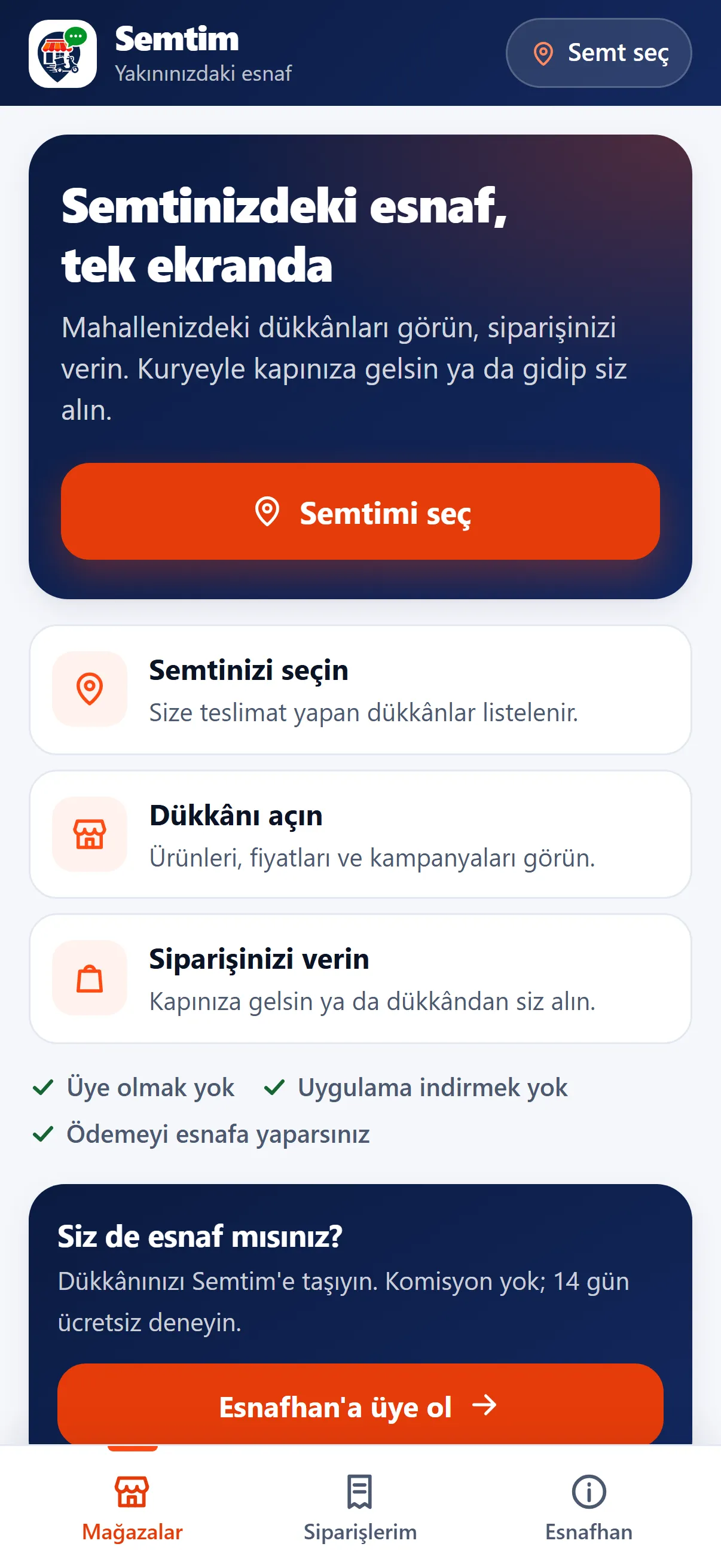 İlk açılış: Semtim'in ne olduğu ve üç adım — üye olmak yok, uygulama indirmek yok.