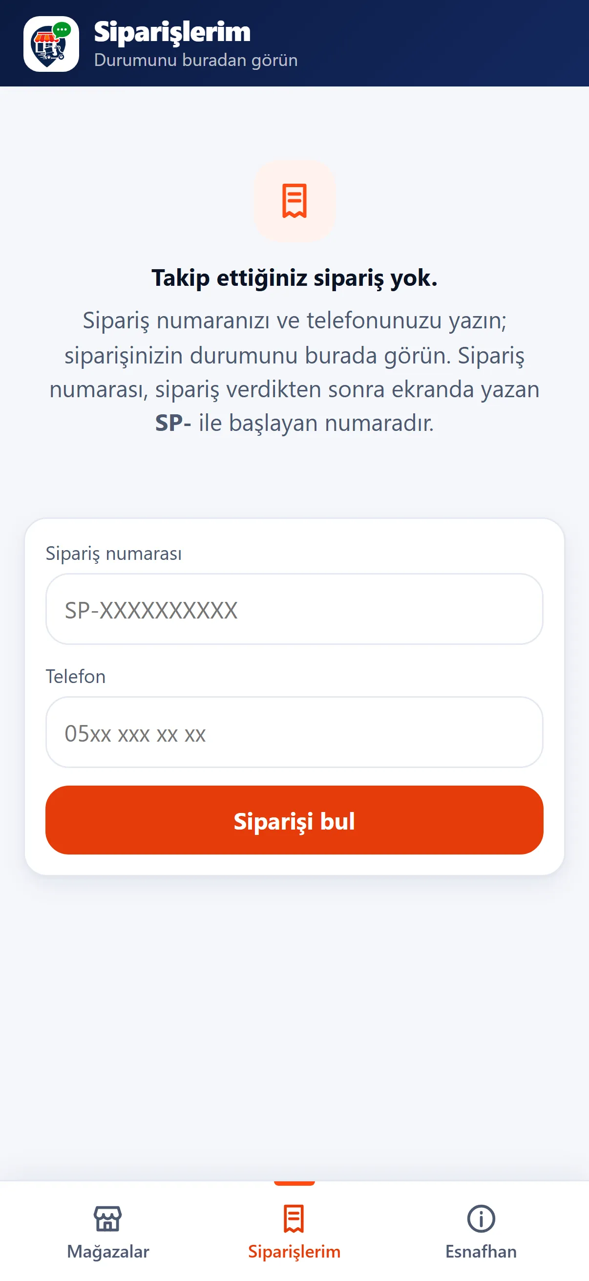 Siparişlerim: müşteri sipariş numarası ve telefonuyla durumu kendisi görür.