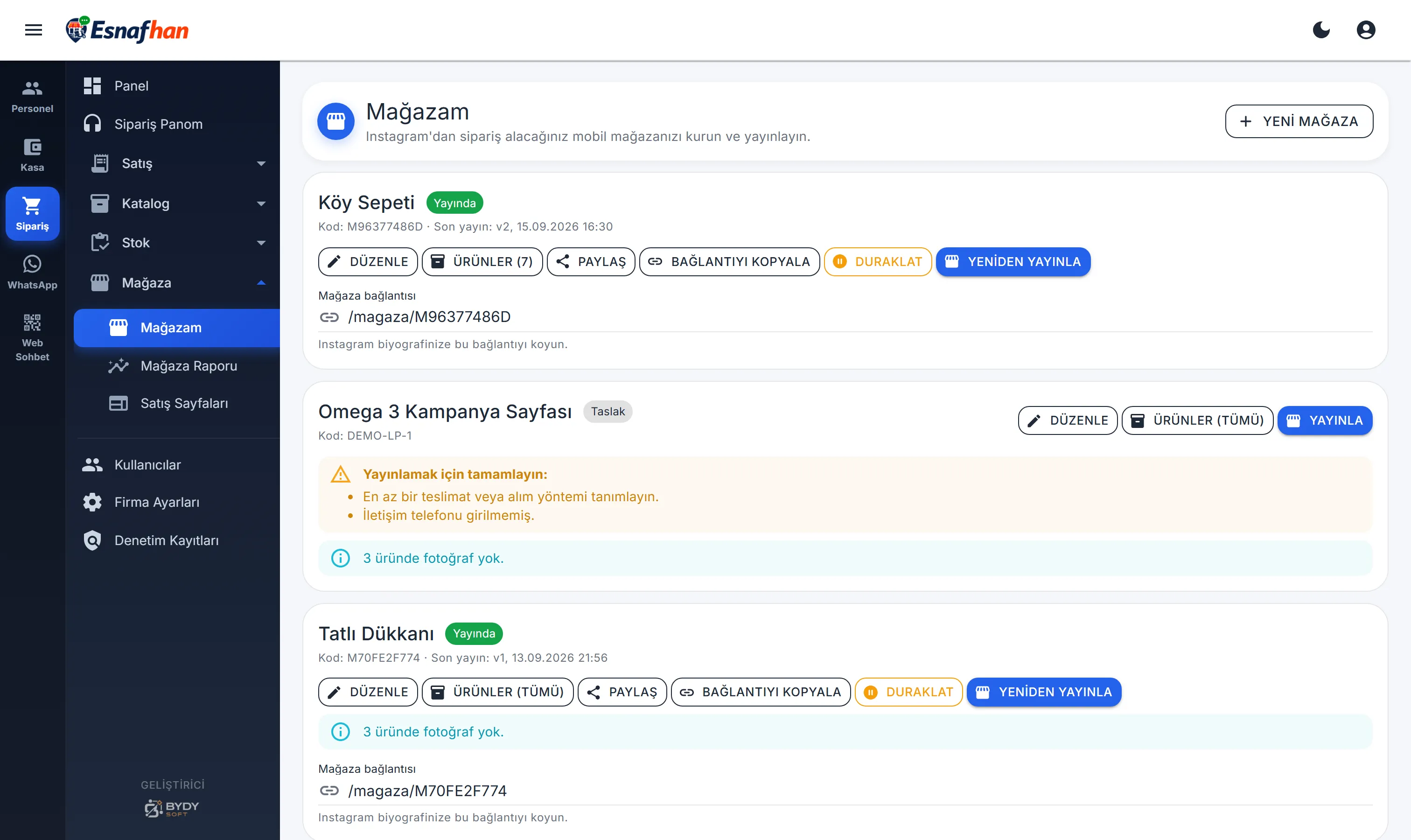 Online Mağaza — panel ekranı
